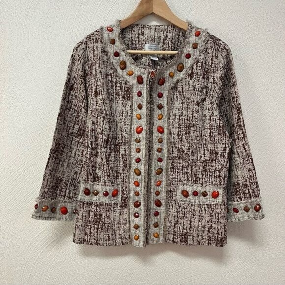 NWT Just Be Brown & Cream Linen Jacket with Gem Details Sz XL (B47744CS) - Picture 1 of 8